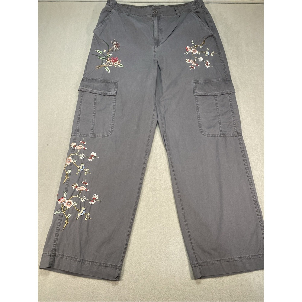 Sundance Women's Floral Embroidered Cotton Cargo Pants Gray Size 12 Boho Utility